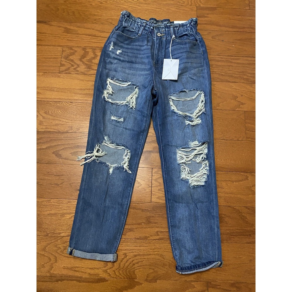 Kancan NWT Mom Jeans High Waist Tapered Leg Size 7/27 Distressed Denim‎  NEW!